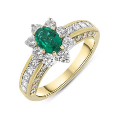 18ct Yellow Gold Emerald Diamond Cluster Ring. PJW-230.