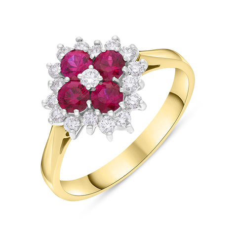 18ct Yellow Gold Ruby Diamond Floral Cluster Ring FEU-1104.18ct Yellow Gold Ruby Diamond Floral Cluster Ring FEU-1104.