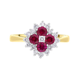 18ct Yellow Gold Ruby Diamond Floral Cluster Ring