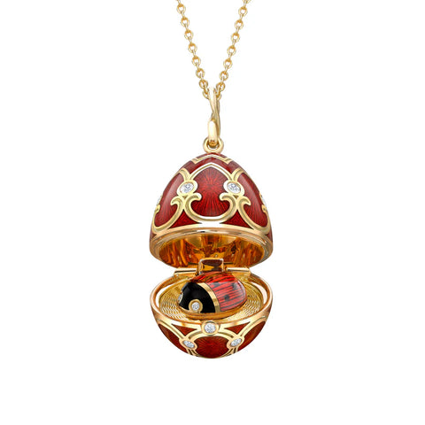 Faberge Heritage Yellow Gold Diamond Red Guilloche Enamel Ladybird Surprise Locket