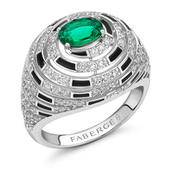 Faberge x Beetlejuice Beetlejuice 18ct White Gold Emerald Diamond and Black Enamel Spiral Bombe Ring