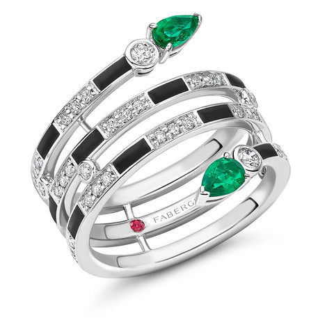 Faberge x Beetlejuice Beetlejuice 18ct White Gold Emerald Black Enamel Spiral Wrap Ring