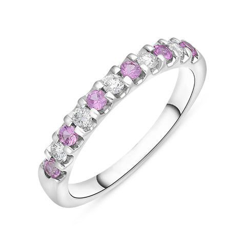 18ct White Gold Pink Sapphire Diamond Channel Set Half Eternity Ring, BNN-150.