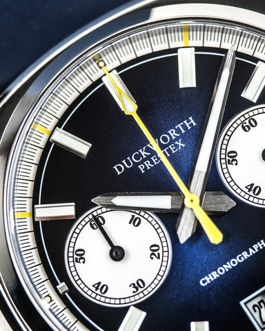 Duckworth Prestex Chronograph 42 Blue Sunburst Grey Leather