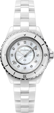 Chanel J12 White 33mm Ceramic Mother of Pearl Diamonds Quartz H5704