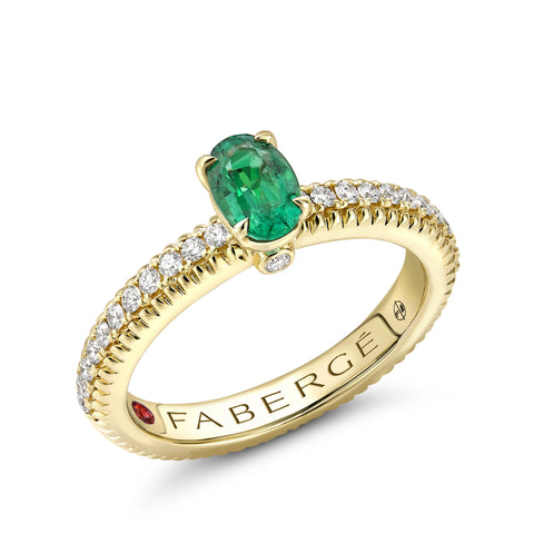 Faberge Colours of Love 18ct Yellow Gold Emerald Diamond Shoulder Set Fluted Ring