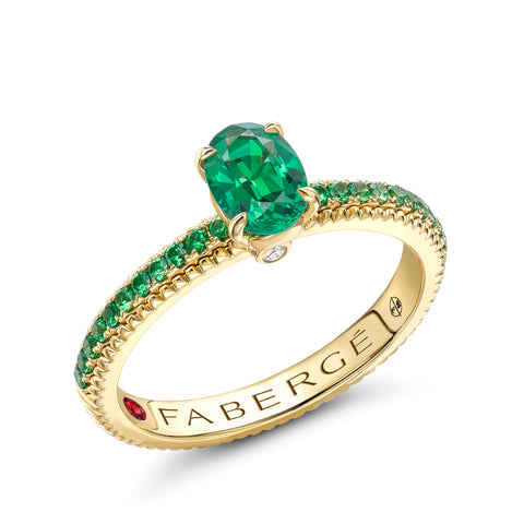 Faberge Colours of Love 18ct Yellow Gold Emerald Tsavorite Garnet Fluted Ring