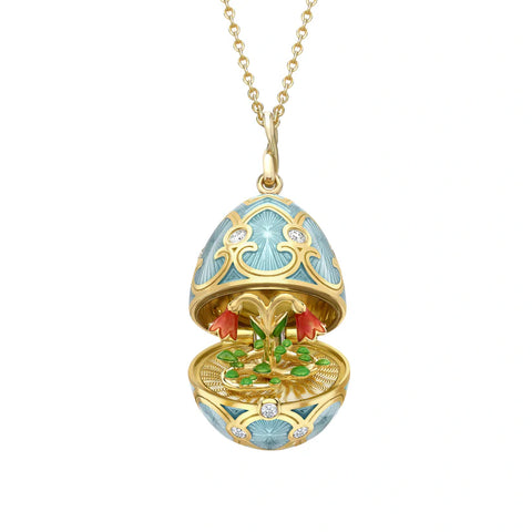 Faberge Heritage Yellow Gold Diamond Turquoise Guilloche Enamel Twin Flower Surprise Locket