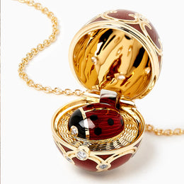 Faberge Heritage Yellow Gold Diamond Red Guilloche Enamel Ladybird Surprise Locket