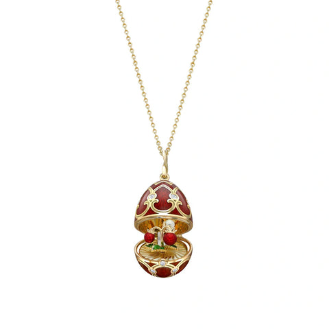 Faberge Heritage Yellow Gold Diamond Red Guilloche Enamel Strawberry Surprise Locket