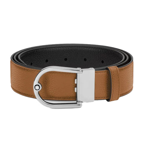 Montblanc Horseshoe Buckle 35mm Reversible Leather Belt Grainy Caramel/Black