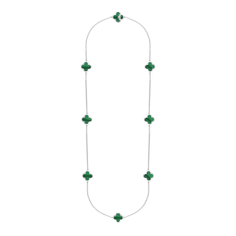 Sterling Silver Malachite Bloom Eight Stone Four Leaf Clover Chain Necklet, N1042