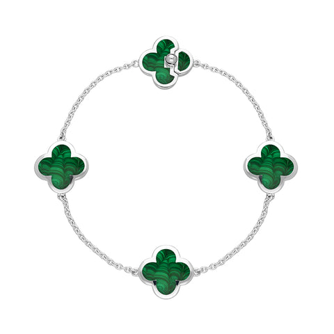 Sterling Silver Malachite Bloom Four Stone Four Leaf Clover Chain Bracelet, B1152