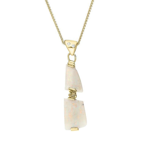 00109971 18ct Yellow Gold Opal Diamond Two Stone Drop Hinged Necklace PUNQ0003662