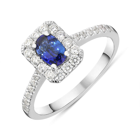 18ct White Gold 0.52ct Sapphire and Diamond Emerald Shape Ring, FEU-1946.