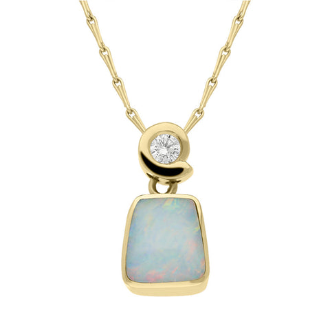 18ct Yellow Gold Opal 0.10ct Diamond Square Cut Unique Necklace, UPOP445.