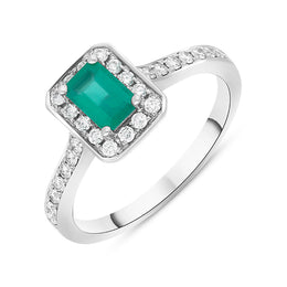 18ct White Gold Emerald Diamond Emerald Cut Halo Ring. FEU-968.