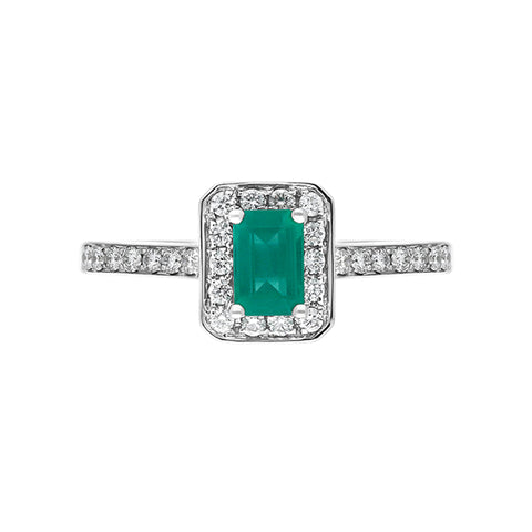 18ct White Gold Emerald Diamond Emerald Cut Halo Ring