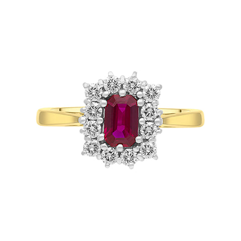 18ct Yellow Gold Ruby Diamond Emerald Cut Cluster Ring FEU-1098_2