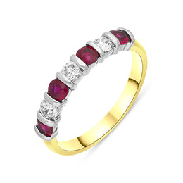 18ct Yellow Gold Ruby Diamond Seven Stone Bar Set Ring FEU-1478