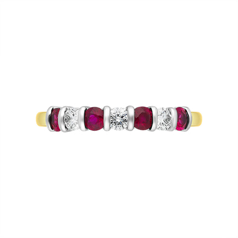 18ct Yellow Gold Ruby Diamond Seven Stone Bar Set Ring FEU-1478_2