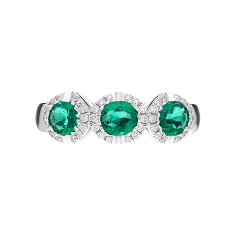 18ct White Gold 1.11ct Emerald 0.19ct Diamond Trilogy Cluster Ring FEU-2288