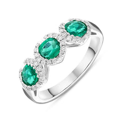 18ct White Gold 1.11ct Emerald 0.19ct Diamond Trilogy Cluster Ring FEU-2288