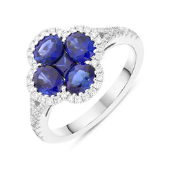 18ct White Gold 1.93ct Sapphire 0.30ct Diamond Clover Cluster Ring FEU-2283