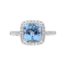 18ct White Gold 2.37ct Aquamarine 0.36ct Diamond Cushion Cut Ring FEU-2282