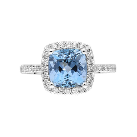 18ct White Gold 2.37ct Aquamarine 0.36ct Diamond Cushion Cut Ring FEU-2282