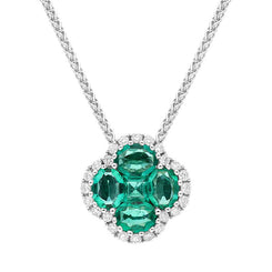 18ct White Gold Emerald 0.22ct Diamond Clover Cluster Necklace FEU-2287