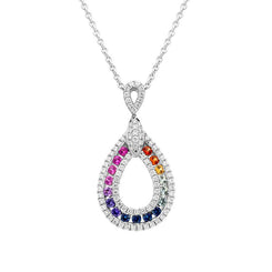 18ct White Gold Mixed Sapphire Diamond Open Pear Drop Necklace FEU-2270