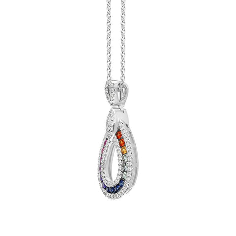 18ct White Gold Mixed Sapphire Diamond Open Pear Drop Necklace FEU-2270