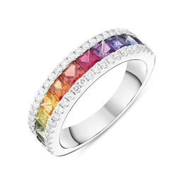 18ct White Gold Rainbow Sapphire 0.40ct Diamond Ring FEU-2272