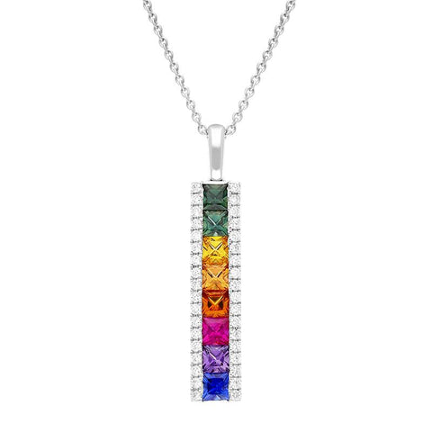 18ct White Gold Rainbow Sapphire 1.77ct Diamond Bar Necklace FEU-2269