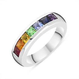 18ct White Gold Rainbow Sapphire Half Eternity Ring, PJW-195.