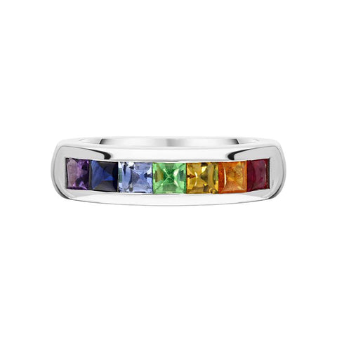 18ct White Gold Rainbow Sapphire Half Eternity Ring, PJW-195.