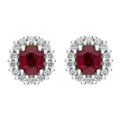 18ct White Gold Ruby Diamond Oval Cluster Earrings, 39990B2.