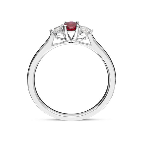 18ct White Gold Ruby Diamond Trilogy Ring, FEU-1454.