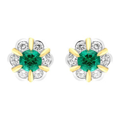 18ct White Yellow Gold 0.18ct Emerald 0.28ct Diamond Cluster Stud Earrings FEU-2286