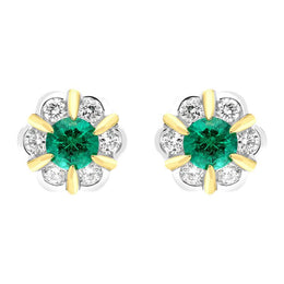 18ct White Yellow Gold 0.18ct Emerald 0.28ct Diamond Cluster Stud Earrings FEU-2286