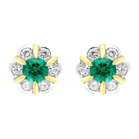 18ct White Yellow Gold 0.18ct Emerald 0.28ct Diamond Cluster Stud Earrings FEU-2286