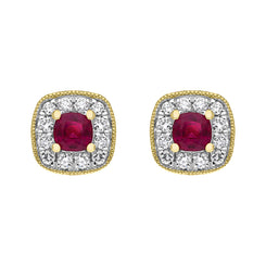 18ct Yellow Gold 0.33ct Ruby Diamond Cushion Stud Earrings, FEU-1223.