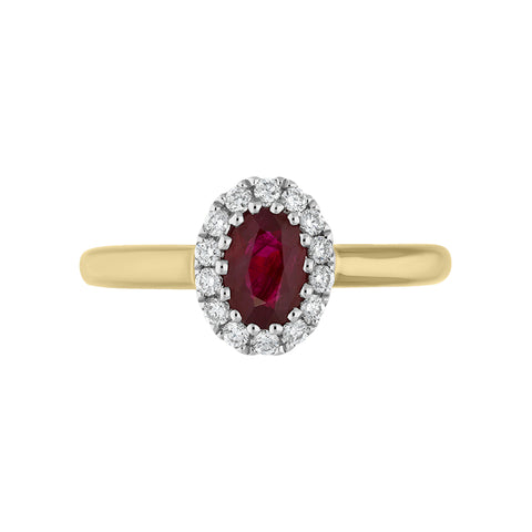 18ct Yellow Gold 0.55ct Ruby Diamond Oval Cluster Ring, FEU-1511.