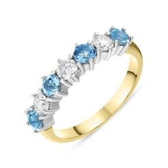 18ct Yellow Gold 0.75ct Aquamarine Diamond Half Eternity Ring, FEU-1503.