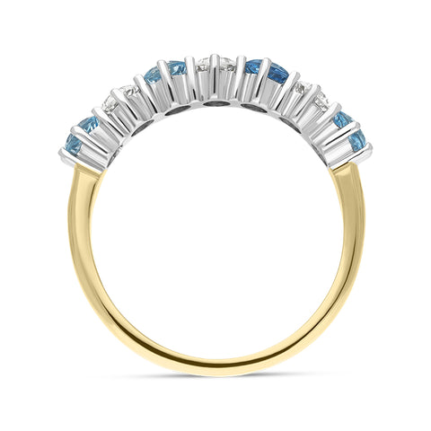 18ct Yellow Gold 0.75ct Aquamarine Diamond Half Eternity Ring, FEU-1503.