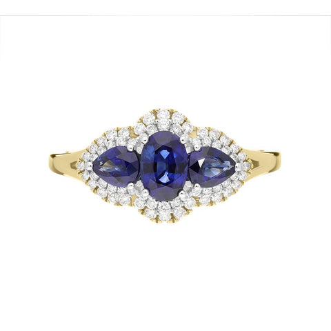 18ct Yellow Gold 1.05ct Sapphire 0.22ct Diamond Pear Cluster Ring FEU-2275