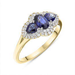 18ct Yellow Gold 1.05ct Sapphire 0.22ct Diamond Pear Cluster Ring FEU-2275