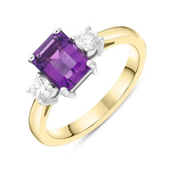 18ct Yellow Gold 1.39ct Amethyst 0.29ct Diamond Emerald Cut Ring FEU-2281