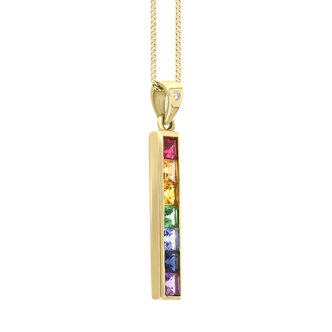 18ct Yellow Gold Rainbow Sapphire Diamond Bar Necklace, PJW-135.